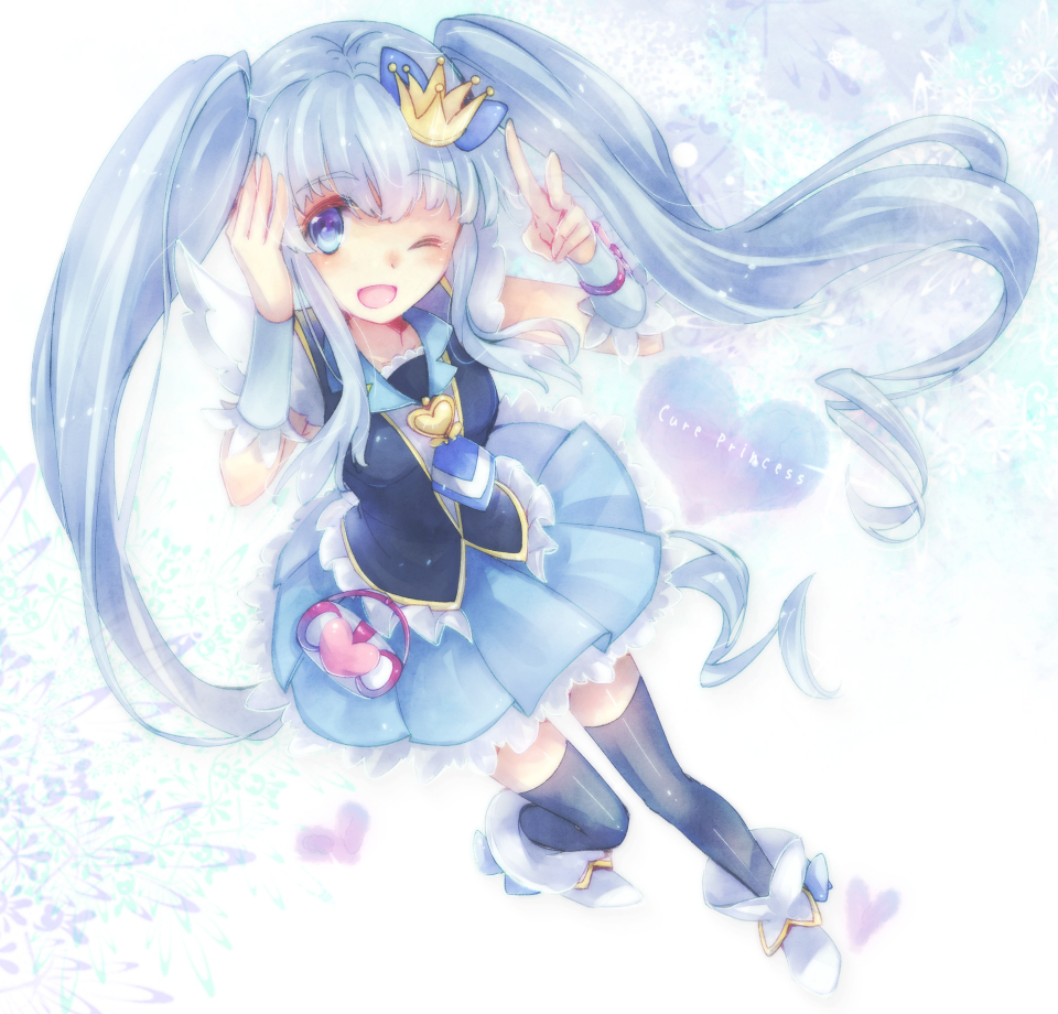 1girl blue_eyes blue_hair blue_legwear blue_skirt boots character_name crown cure_princess english eyelashes hair_ornament hair_ribbon happinesscharge_precure! happy heart long_hair looking_at_viewer magical_girl open_mouth precure ribbon sencha_(coldcolor) shirayuki_hime shirt skirt smile solo thighhighs thighs twintails wrist_cuffs zettai_ryouiki