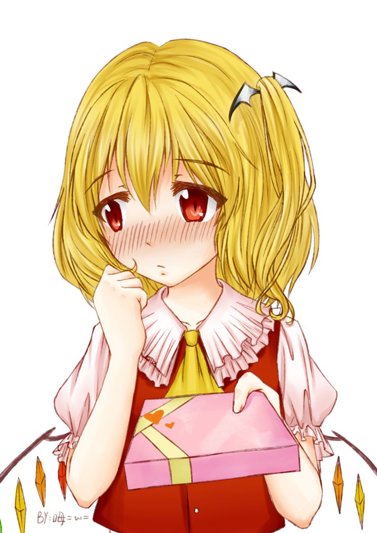 1girl ascot bat_hair_ornament blonde_hair blouse blush box bust clenched_hand embarrassed flandre_scarlet gift gift_box giving hair_ornament heart looking_away mei_yang no_hat puffy_short_sleeves puffy_sleeves raised_hand red_eyes short_hair short_sleeves side_ponytail signature simple_background solo touhou white_background wings