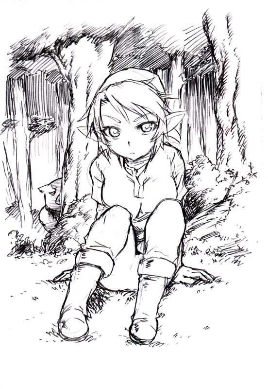 1girl boots breasts cleavage forest genderswap hat link nature pointy_ears sitting solo the_legend_of_zelda tsukudani_(coke-buta)