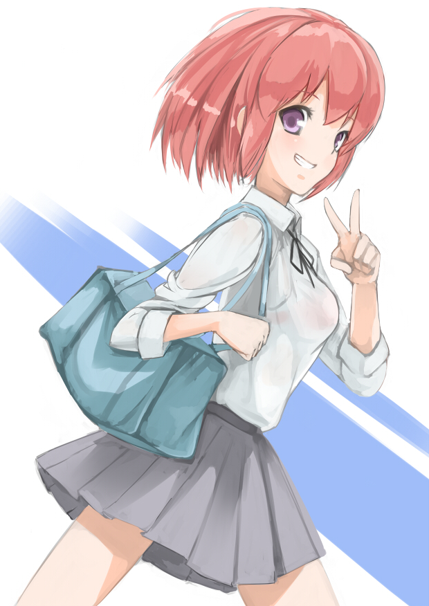 1girl bag grin kushieda_minori mokkosu. redhead school_uniform short_hair smile toradora! v violet_eyes