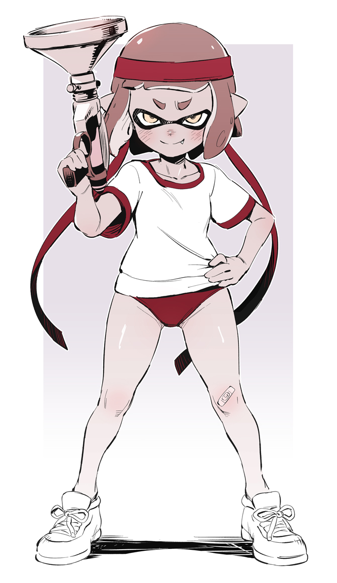 1girl bandaid bandaid_on_knee blush brown_eyes brown_hair buruma closed_mouth fang fang_out full_body groin gym_shirt gym_uniform hand_on_hip headband holding holding_weapon inkling looking_at_viewer no_socks pointy_ears red_buruma red_headband shirt shoes short_eyebrows short_sleeves smile solo splatoon_(series) standing tentacle_hair thick_eyebrows toku_(ke7416613) weapon white_footwear white_shirt