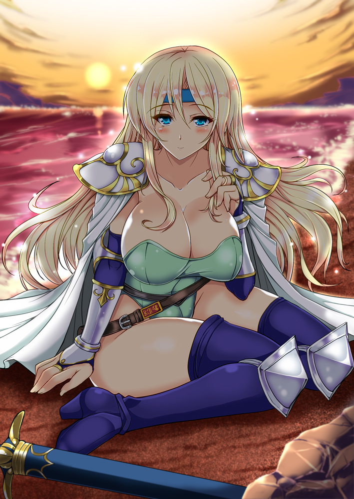 1girl beach belt blonde_hair blue_eyes blush boots breasts bridal_gauntlets cape celes_chere cleavage elbow_pads final_fantasy final_fantasy_vi headband huge_breasts knee_pads leotard long_hair ocean playing_with_own_hair scabbard sheath shore shoulder_pads smile solo sun sunset sword weapon yasakani_an