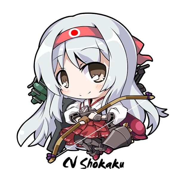1girl airplane archery blush boots brown_eyes chibi hairband japanese_clothes kantai_collection kyuudou long_hair muneate personification quiver shoukaku_(kantai_collection) silver_hair skirt smile solo take_tonbo thigh_boots thighhighs white_hair yugake