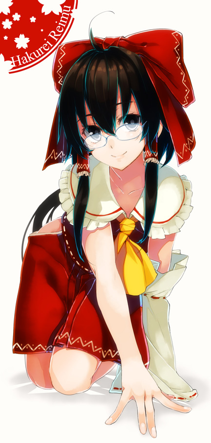 1girl all_fours ascot bespectacled blush bow brown_eyes brown_hair collarbone detached_sleeves glasses hair_bow hair_tubes hakurei_reimu long_hair looking_at_viewer rimless_glasses ruuto_(sorufu) smile solo touhou