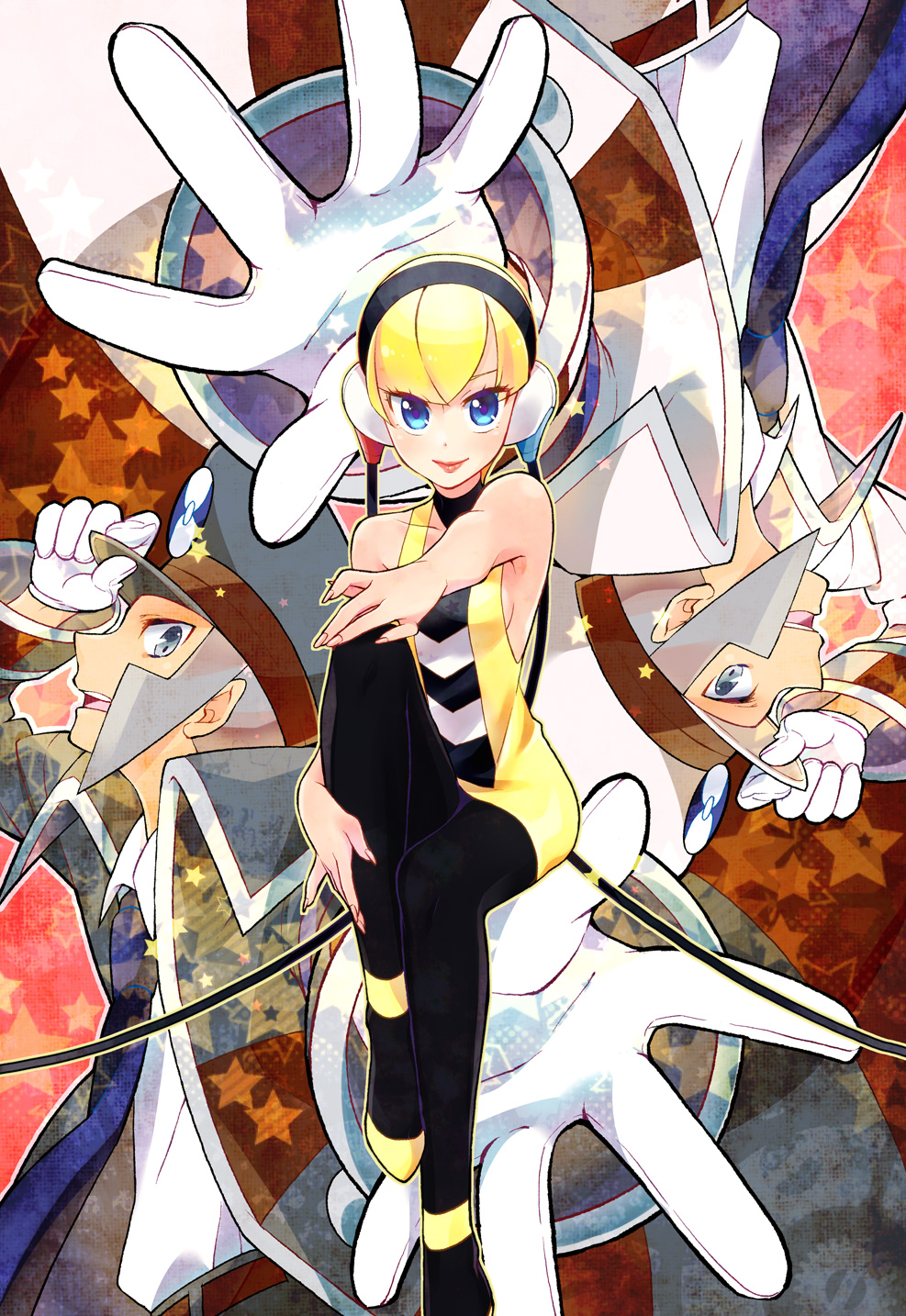 1girl 2boys adjusting_clothes adjusting_hat anosumi_(ggpg) blonde_hair blue_eyes coat gloves hat headphones highres kamitsure_(pokemon) kudari_(pokemon) looking_at_viewer multiple_boys necktie nobori_(pokemon) pantyhose peaked_cap pokemon pokemon_(game) pokemon_bw rotational_symmetry short_hair silver_hair sleeveless star white_gloves