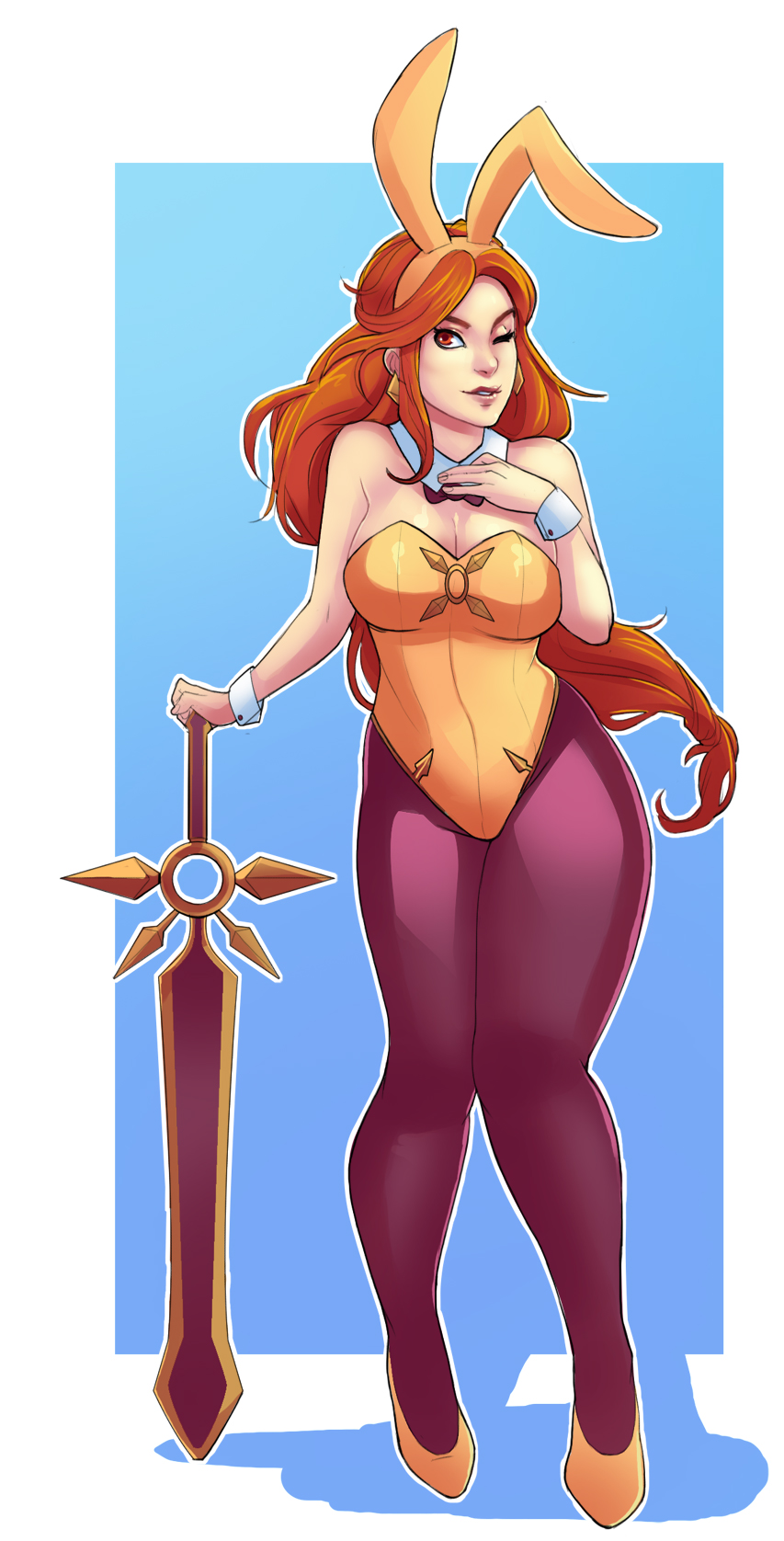 1girl animal_ears breasts bunnysuit cleavage curvy detached_collar earrings fake_animal_ears full_body g138 highres jewelry large_breasts league_of_legends leona_(league_of_legends) long_hair orange_hair pantyhose planted_sword planted_weapon purple_legwear rabbit_ears red_eyes solo sword weapon wink wrist_cuffs