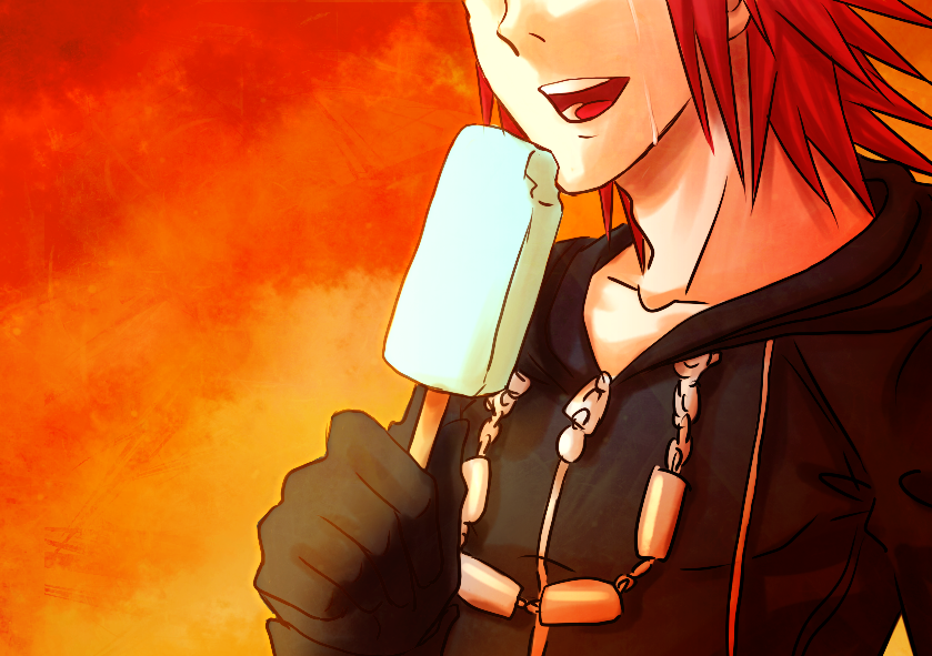 1boy a5_arashi axel cloak facial_mark food gloves hidden_eyes ice_cream kingdom_hearts redhead solo tears