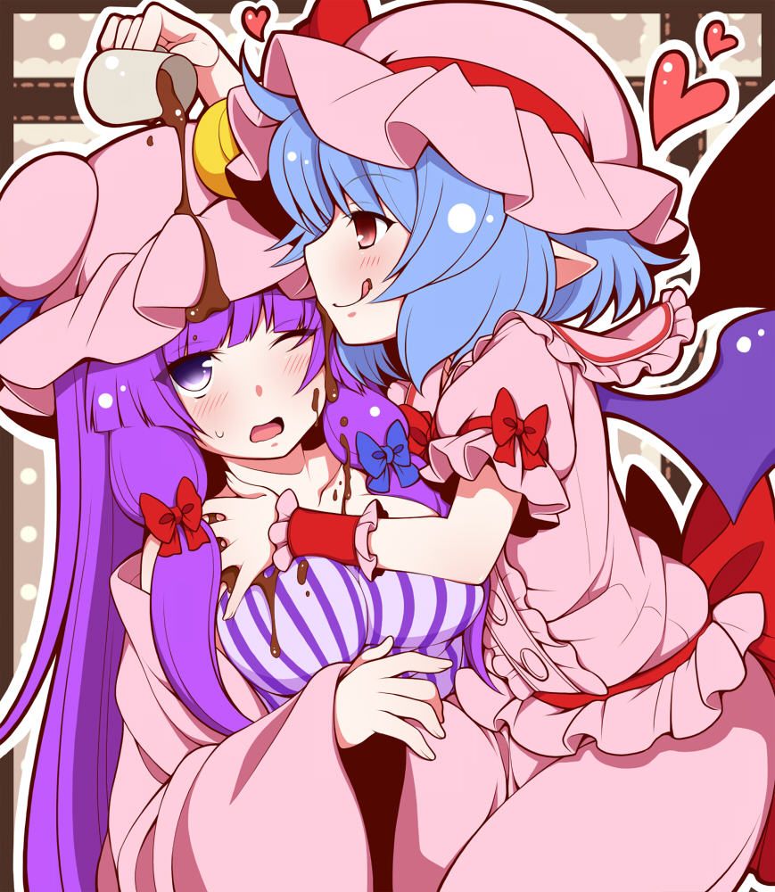 2girls :q blush bow breasts chocolate dress eichi_yuu hair_bow hat heart large_breasts long_hair long_sleeves multiple_girls open_mouth patchouli_knowledge pointy_ears purple_hair red_eyes remilia_scarlet short_hair short_sleeves smile tongue touhou violet_eyes wings wink wrist_cuffs