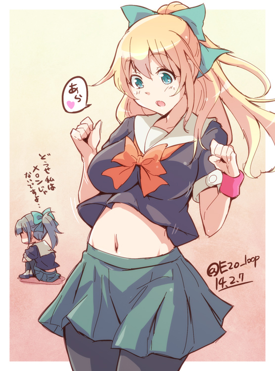 2girls :o alternate_hairstyle atago_(kantai_collection) blonde_hair bow breasts cosplay dated e20 green_eyes hair_bow hair_ribbon kantai_collection long_hair midriff multiple_girls navel open_mouth pantyhose ribbon school_uniform shaded_face skirt sulking translation_request twitter_username wristband yuubari_(kantai_collection) yuubari_(kantai_collection)_(cosplay)