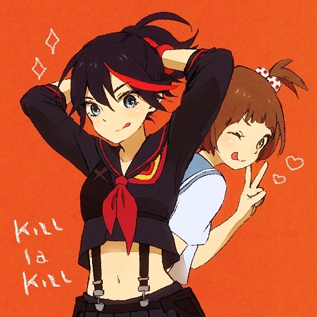 2girls alternate_hairstyle arms_up hairdressing high_ponytail kill_la_kill mankanshoku_mako matoi_ryuuko midriff multiple_girls navel ponytail popela school_uniform senketsu serafuku short_ponytail suspenders tongue tongue_out v wink