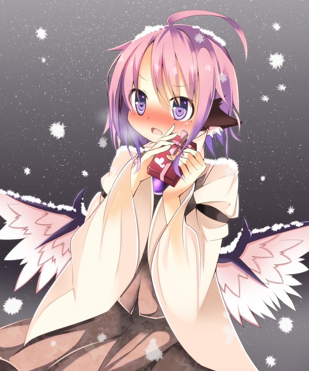 1girl ahoge animal_ears blush box gift gift_box heart heart-shaped_pupils highres long_sleeves looking_at_viewer mystia_lorelei no_hat open_mouth pink_hair rurisakura short_hair snow snow_on_head solo symbol-shaped_pupils touhou violet_eyes wide_sleeves wings