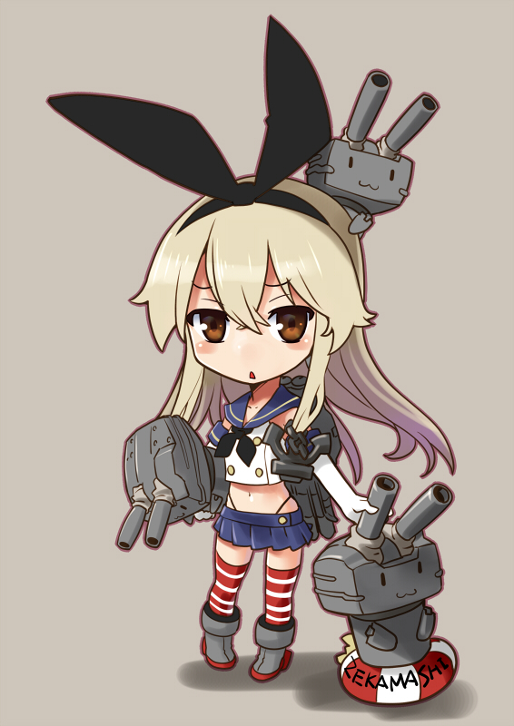 1girl black_panties blonde_hair blush brown_eyes chibi elbow_gloves gloves hairband highleg highleg_panties kantai_collection katahira_masashi long_hair looking_at_viewer midriff navel panties rensouhou-chan shimakaze_(kantai_collection) solo striped striped_legwear thighhighs underwear white_gloves zettai_ryouiki