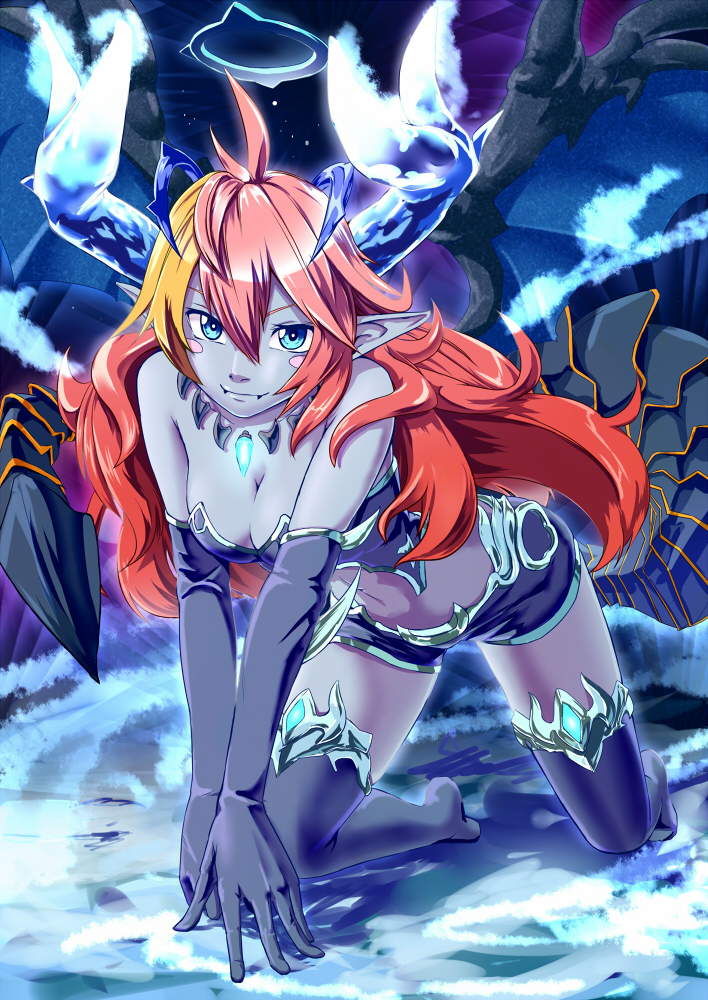 1girl all_fours bare_shoulders blonde_hair blue_eyes blush_stickers breasts cleavage demon_girl elbow_gloves gloves hera_(p&amp;d) horns ice long_hair midriff multicolored_hair navel pointy_ears puzzle_&amp;_dragons red_hair redhead shorts solo tenamaru thighhighs wings