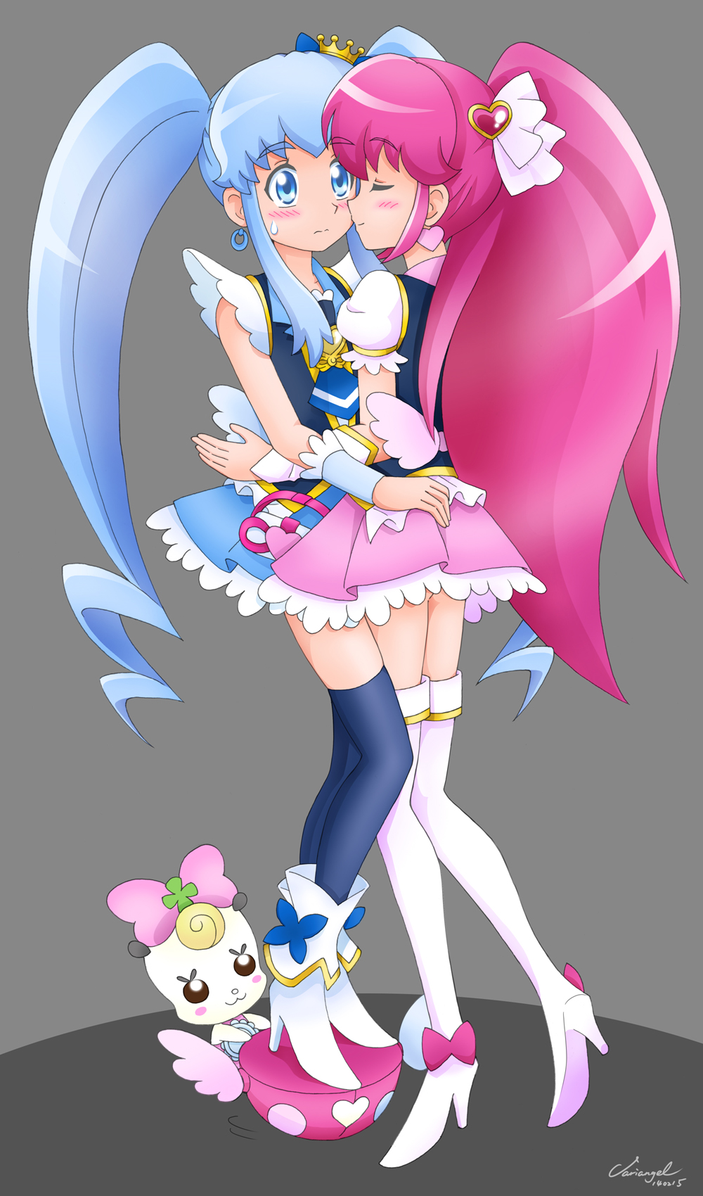 2girls aino_megumi black_legwear blue_eyes blue_hair blue_skirt blush boots closed_eyes creature crown cure_lovely cure_princess earrings grey_background hair_ornament happinesscharge_precure! heart_hair_ornament highres hug jewelry kiss long_hair magical_girl mini_crown multiple_girls pink_hair pink_skirt ponytail precure ribbon_(happinesscharge_precure!) shirayuki_hime shoes skirt sweat thigh_boots thighhighs twintails variangel white_legwear wrist_cuffs