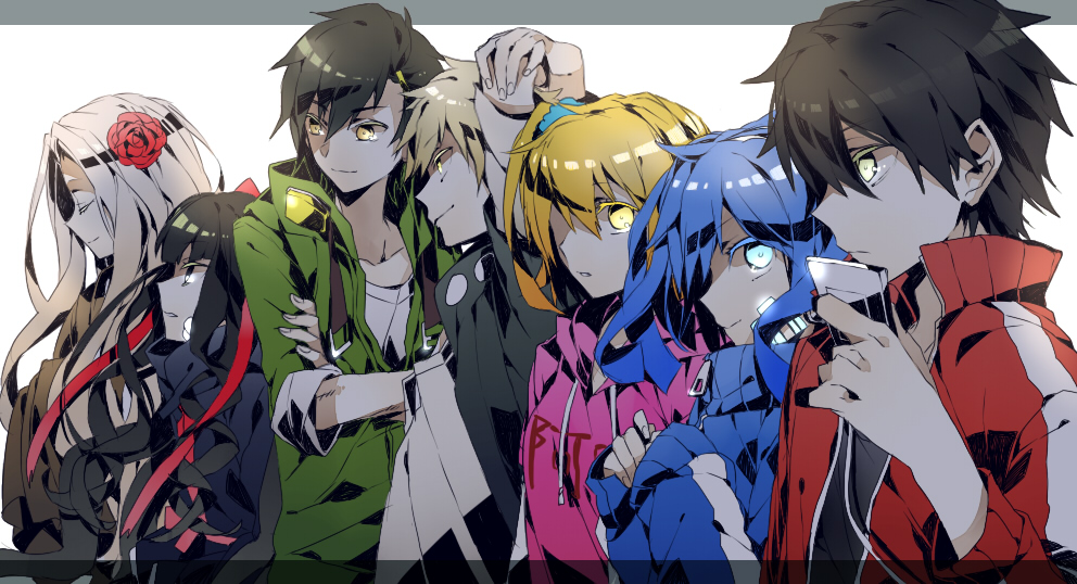 3boys 4girls azami_(kagerou_project) black_hair blonde_hair blue_eyes blue_hair cellphone closed_eyes ene_(kagerou_project) expressionless flower glowing glowing_eyes green_eyes hair_flower hair_ornament hair_ribbon headphones hoodie kagerou_project kano_shuuya kisaragi_momo kisaragi_shintarou kozakura_shion letterboxed long_hair looking_away medusa multiple_boys multiple_girls phone ribbon seto_kousuke short_hair side_ponytail smartphone smile sweater twintails white_eyes white_hair wonoco0916 yellow_eyes