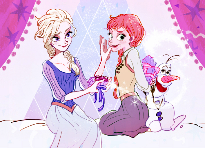 2girls anna_(frozen) bed blonde_hair blue_eyes braid breasts chocolates curtains disney dress elsa_(frozen) food freckles frozen_(disney) long_hair multiple_girls siblings sisters sitting smile tagme wiping_mouth yuri