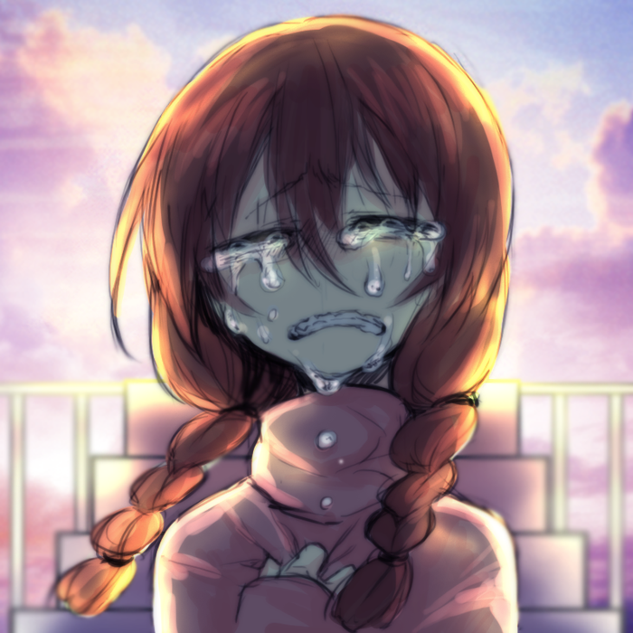 1girl braid brown_hair bust clenched_teeth closed_eyes clouds crying hideo_(green_hand) light madotsuki railing rough sad solo stairs tears turtleneck twin_braids wavy_mouth yume_nikki