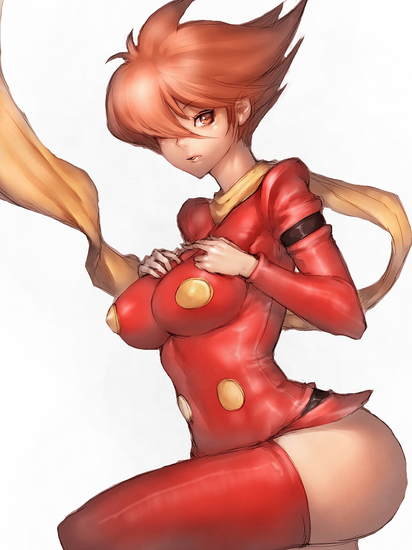 1girl brown_eyes brown_hair cyborg_009 fumio_(rsqkr) genderswap hair_over_one_eye looking_at_viewer red_legwear scarf simple_background solo thighhighs thighs white_background