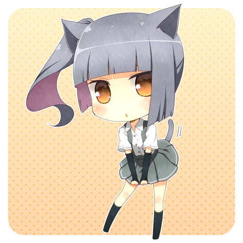 1girl animal_ears cat_ears cat_tail chibi kantai_collection kasumi_(kantai_collection) kouji_(campus_life) looking_at_viewer lowres open_mouth personification ponytail side_ponytail silver_hair solo tail yellow_eyes