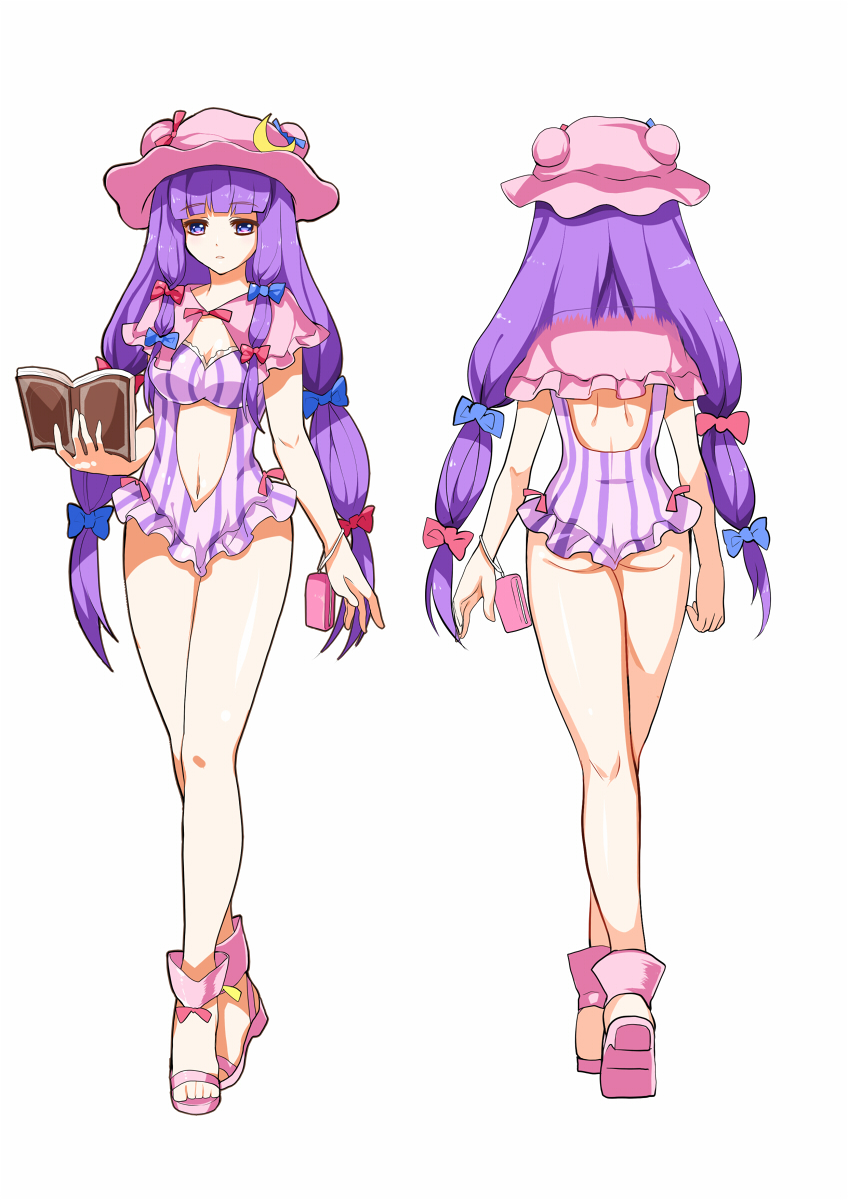1girl alternate_costume ass back book breasts capelet cleavage crescent crescent_hair_ornament greetload hair_ornament hair_ribbon hat highres long_hair looking_at_viewer navel navel_cutout patchouli_knowledge pink_shoes purple_hair purple_swimsuit ribbon simple_background solo striped striped_swimsuit swimsuit touhou tress_ribbon very_long_hair violet_eyes walking white_background