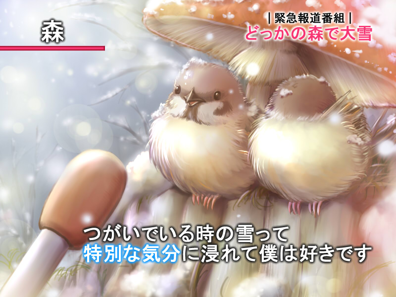 bird covering_face interview microphone mushroom no_humans original parody snow snowing special_feeling_(meme) translation_request yoshiyanmisoko