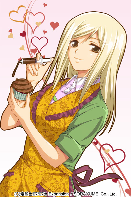 1girl apron blonde_hair brown_eyes chocolate heart higurashi_no_naku_koro_ni izumi_natsuka sleeves_rolled_up smile syringe takano_miyo valentine
