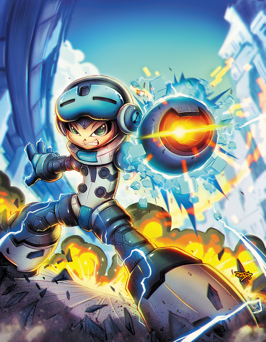arm_cannon beck_(mighty_no._9) electricity explosion green_eyes helmet mighty_no._9 rob_duenas robot weapon