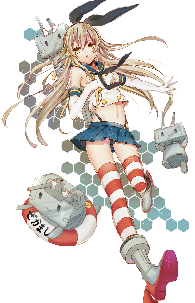 1girl :3 black_panties blonde_hair elbow_gloves gloves hairband highres kantai_collection long_hair looking_at_viewer navel noka_(blackheart1118) panties personification rensouhou-chan revision shimakaze_(kantai_collection) simple_background skirt striped striped_legwear thighhighs underwear white_background white_gloves yellow_eyes