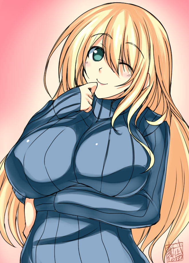 1girl alternate_costume atago_(kantai_collection) blonde_hair blush breasts green_eyes kantai_collection large_breasts long_hair looking_at_viewer personification ribbed_sweater smile solo sweater takeda_aranobu turtleneck turtleneck_sweater wink