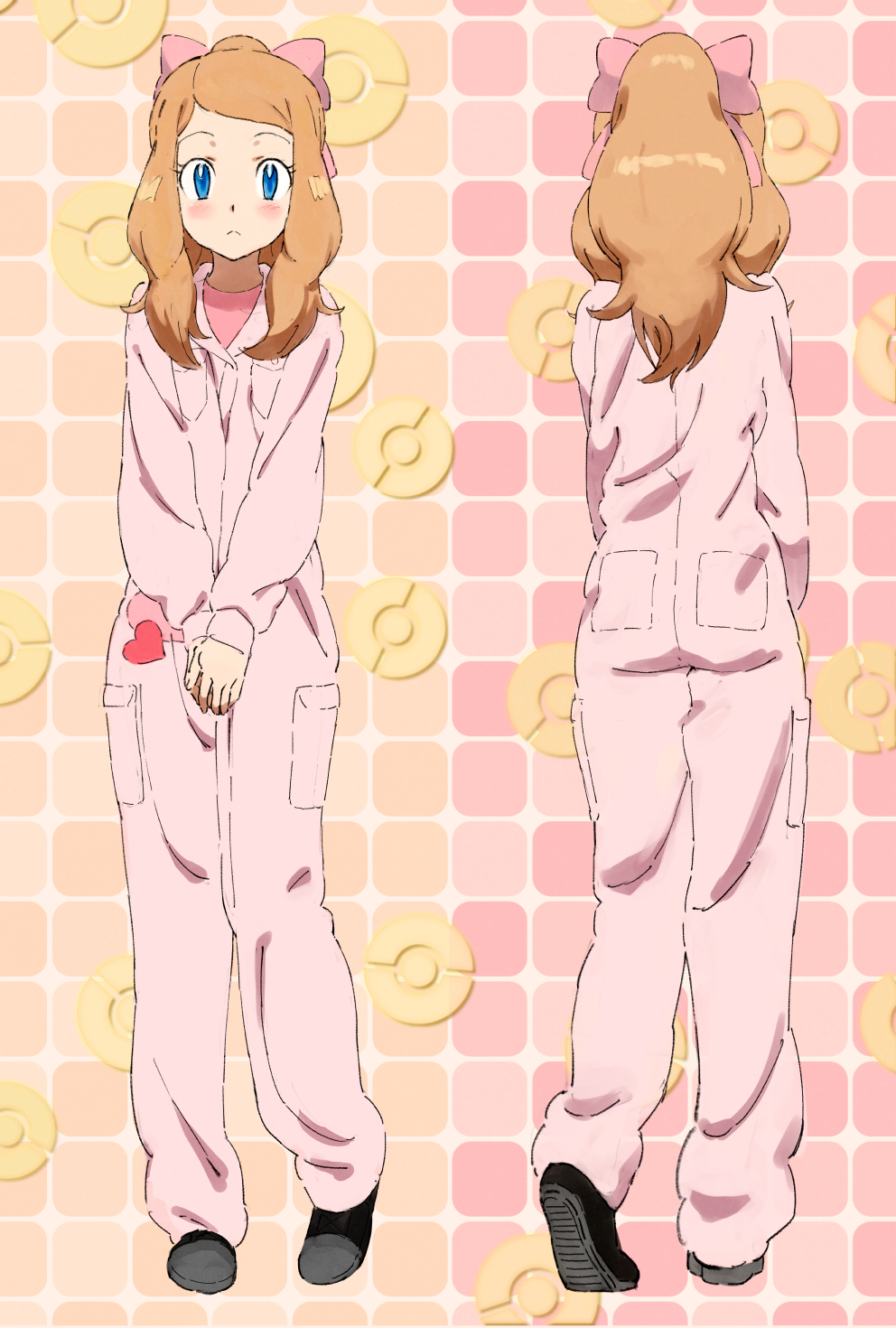 1girl alternate_costume alternate_hairstyle blue_eyes blush bow brown_hair full_body hair_bow hair_ribbon highres jumpsuit k_g long_hair multiple_views pink_ribbon pocket poke_ball_theme pokemon pokemon_(game) pokemon_xy ponytail ribbon serena_(pokemon) shoe_soles shoes solo standing v_arms