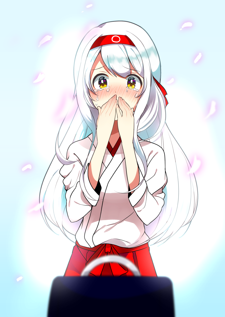 1girl blush cherry_blossoms covering_mouth crying full-face_blush hairband hand_over_own_mouth highres hirayama_toto japanese_clothes jewelry kantai_collection long_hair miko personification petals proposal ring shoukaku_(kantai_collection) silver_hair solo tears yellow_eyes