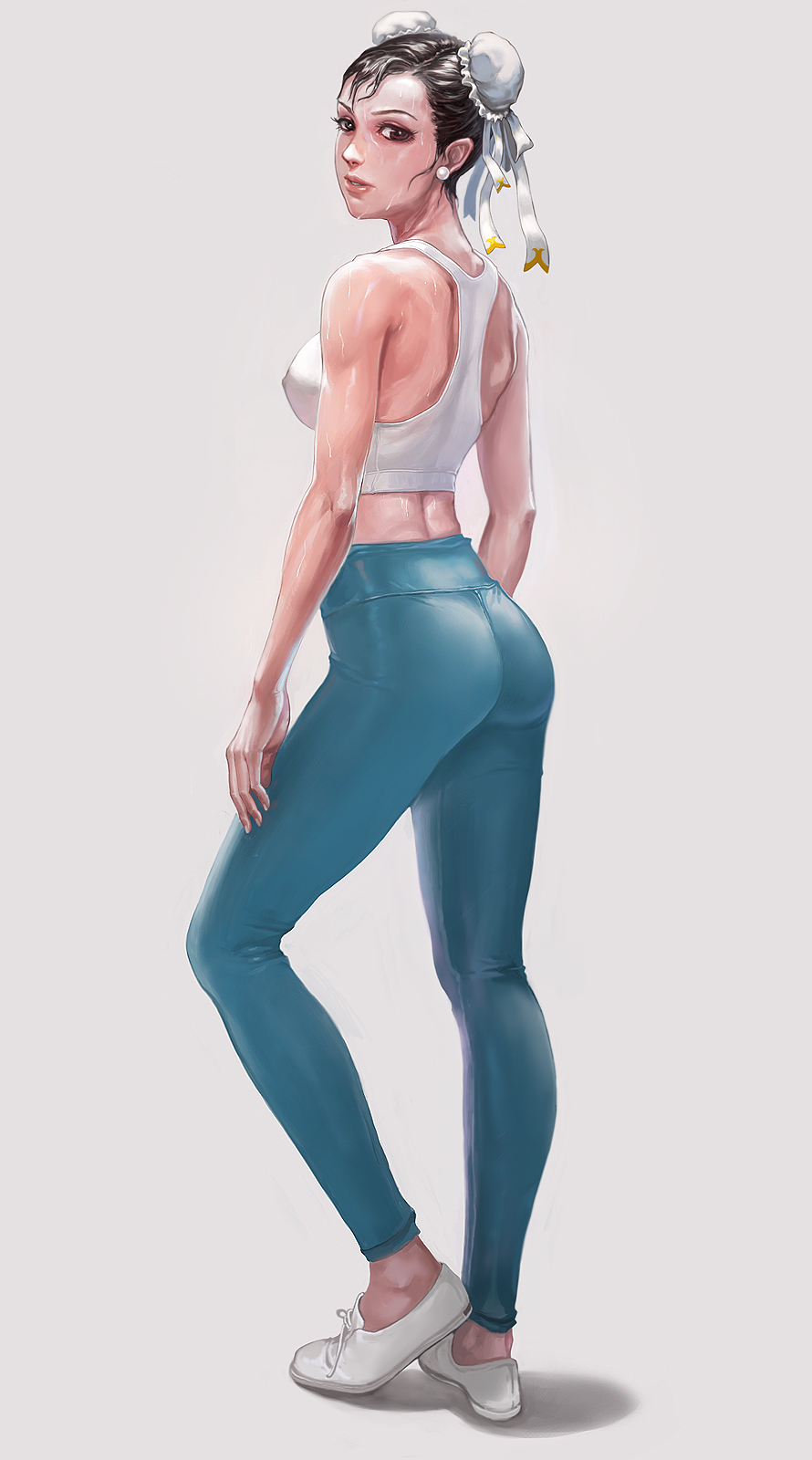 1girl ass back black_hair brown_eyes bun_cover casual chun-li double_bun earrings electric_sheep flats highres jewelry midriff no_socks short_hair solo sports_bra street_fighter sweat sweatpants