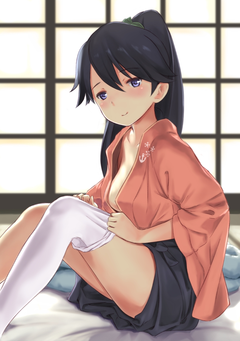 1girl black_hair blush breasts down_blouse houshou_(kantai_collection) japanese_clothes kantai_collection long_hair personification ponytail single_thighhigh sitting smile solo thighhighs violet_eyes wa_(genryusui) white_legwear