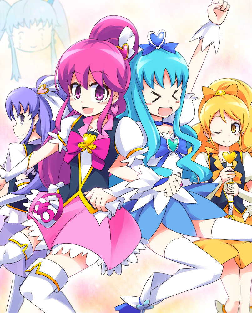 &gt;_&lt; 4girls aho aino_megumi arm_up blonde_hair blue_hair blue_skirt bow bowtie brooch cure_fortune cure_honey cure_lovely cure_marine cure_princess hair_ornament hairpin happinesscharge_precure! heart heart_hair_ornament heartcatch_precure! hikawa_iona jewelry kurumi_erika long_hair magical_girl multiple_girls odd_one_out oomori_yuuko pink_eyes pink_hair pink_skirt ponytail precure purple_hair purple_skirt ribbon shirayuki_hime skirt smile thighhighs violet_eyes wand white_legwear wink wrist_cuffs yellow_eyes yellow_skirt