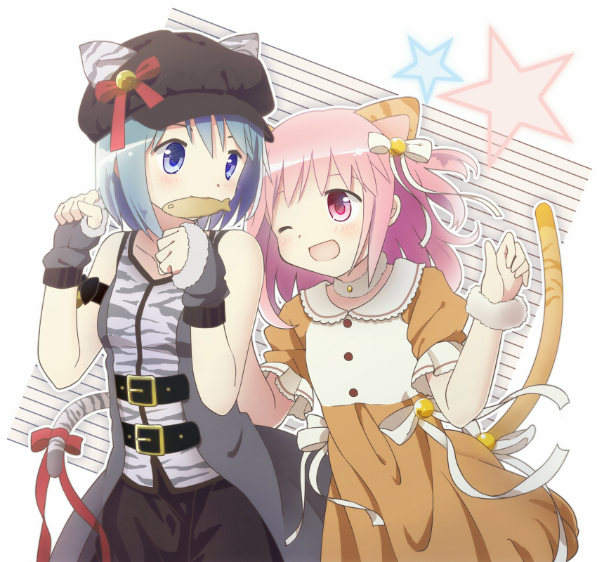 2girls alternate_costume animal_ears belt blue_eyes blue_hair cabbie_hat casual cat_ears cat_tail dress food fur_trim gloves hair_down hat kaname_madoka kemonomimi_mode kirikuchi_riku mahou_shoujo_madoka_magica miki_sayaka multiple_girls paw_pose pink_eyes pink_hair tail taiyaki wagashi wink