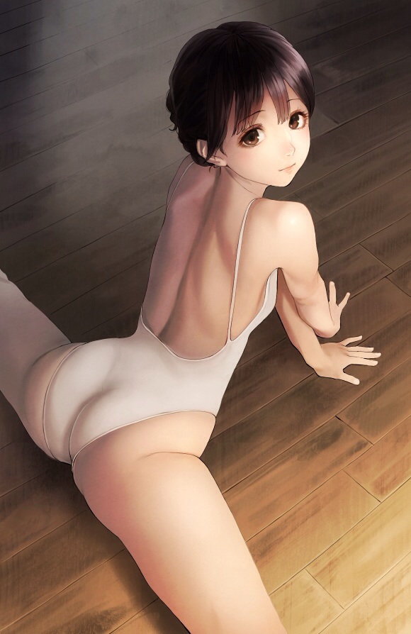 1girl ass brown_eyes brown_hair floor leotard looking_back original short_hair solo split