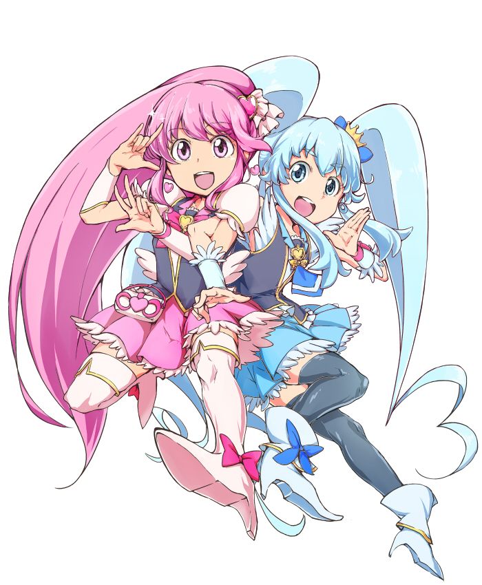 2girls :d \m/ aino_megumi black_legwear blue_eyes blue_hair blue_skirt boots bowtie brooch crown cure_lovely cure_princess hair_ornament happinesscharge_precure! heart_hair_ornament jewelry locked_arms long_hair magical_girl mini_crown multiple_girls necktie open_mouth pink_eyes pink_hair pink_skirt ponytail precure roro_(qualitynine) shirayuki_hime shoes skirt smile thigh_boots thighhighs twintails white_background white_legwear wrist_cuffs