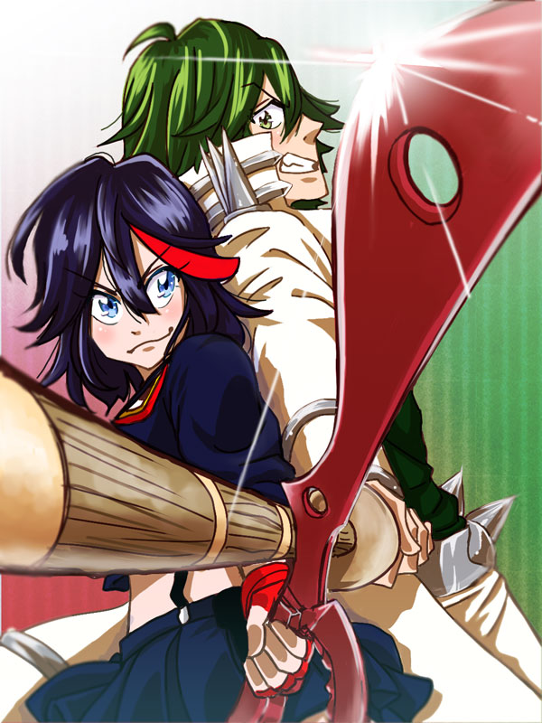 1boy 1girl back-to-back black_hair blue_eyes green_eyes green_hair kill_la_kill matoi_ryuuko multicolored_hair sanageyama_uzu scissor_blade senketsu shinai short_hair smile streaked_hair sword weapon yakata_(artist)