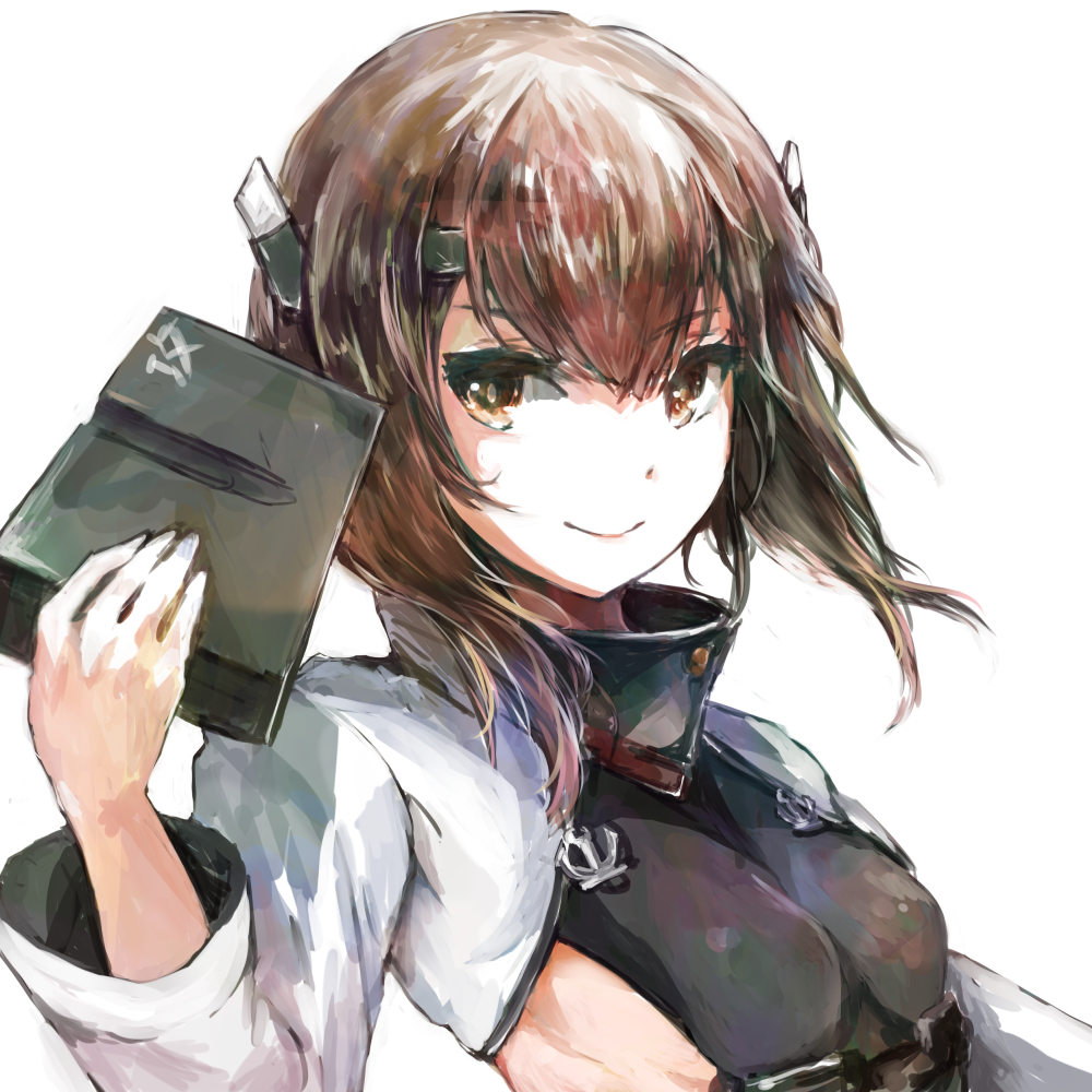 1girl artist_request breasts brown_eyes brown_hair flat_chest headband headgear kantai_collection looking_at_viewer personification short_hair smile solo taihou_(kantai_collection)