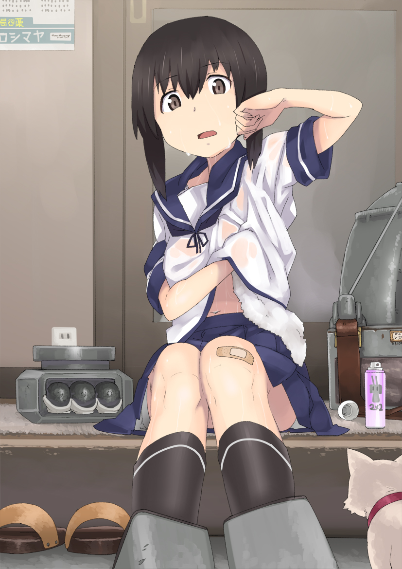 1girl backpack bag bandaid black_hair brown_eyes cat fubuki_(kantai_collection) jack_hamster kantai_collection open_mouth personification school_uniform serafuku sitting skirt solo sweat towel wiping_sweat