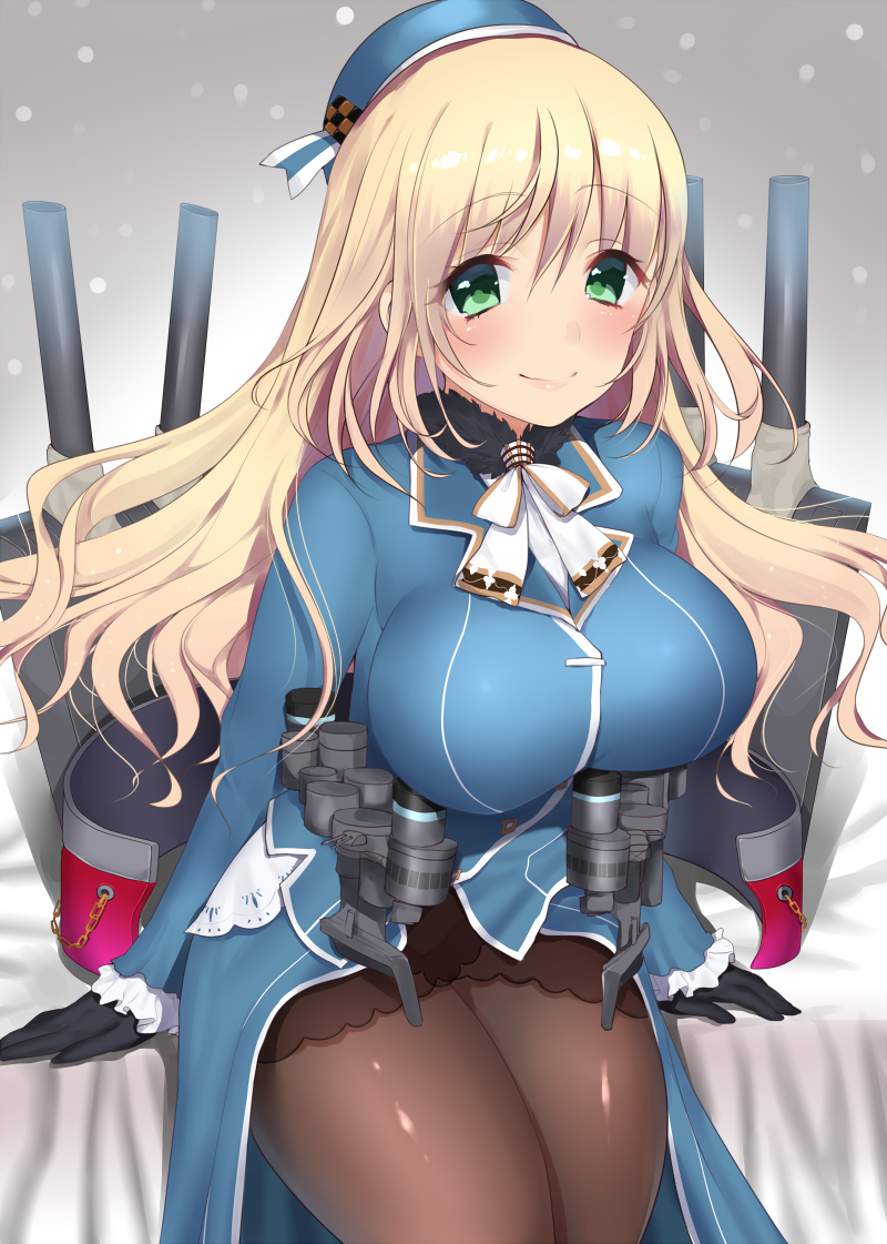 1girl atago_(kantai_collection) blonde_hair breasts cannon gloves green_eyes hat kantai_collection large_breasts long_hair looking_at_viewer matarou_(genkai_toppa) pantyhose personification sitting smile solo