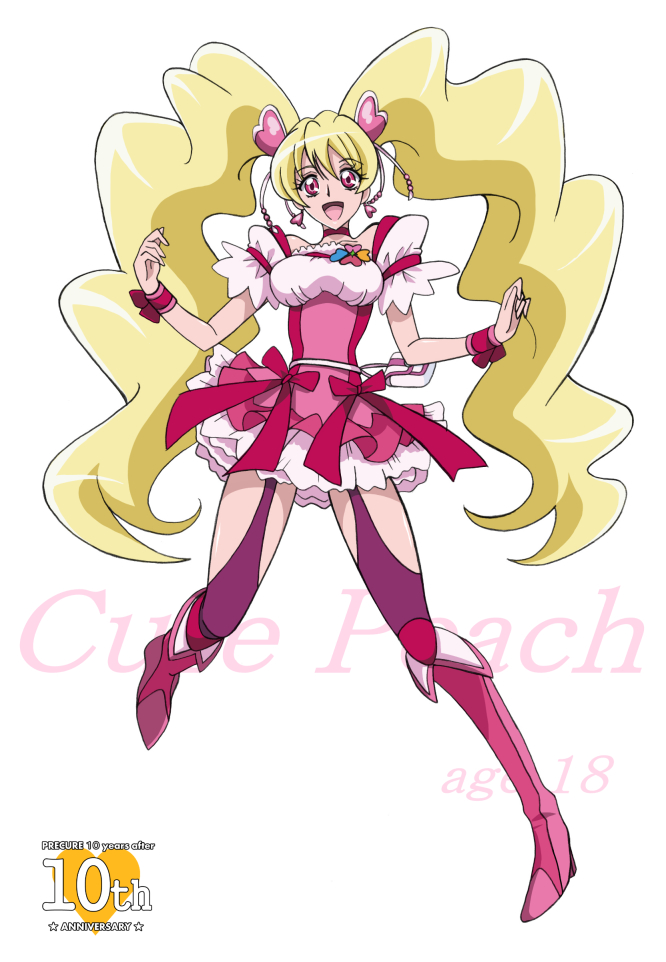 1girl :d anniversary arudebido blonde_hair boots bow character_name choker copyright_name cure_peach earrings fresh_precure! hair_ornament heart_hair_ornament jewelry knee_boots long_hair magical_girl momozono_love open_mouth pink_eyes pink_skirt precure purple_legwear ribbon skirt smile solo thigh_strap thighhighs twintails white_background wrist_cuffs