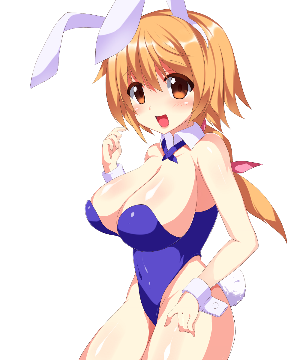 1girl animal_ears blonde_hair blush breasts bunny_tail bunnysuit charlotte_dunois cleavage detached_collar highres infinite_stratos large_breasts long_hair open_mouth rabbit_ears ribbon smile tail touage_teishoku violet_eyes wrist_cuffs