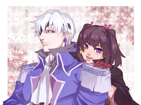 1boy 1girl black_hair cape cravat dragon's_dogma earrings epaulettes eyepatch gloves green_eyes inuhiko_(istdog) jewelry lips pawn_(dragon's_dogma) popped_collar short_twintails smile twintails violet_eyes white_hair