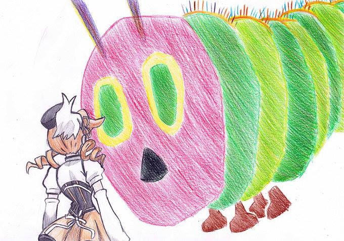 1girl beret blonde_hair bow caterpillar corset detached_sleeves drill_hair from_behind green_eyes hair_ornament hat insect mahou_shoujo_madoka_magica pleated_skirt puffy_sleeves skirt tagme the_very_hungry_caterpillar tomoe_mami traditional_media twin_drills