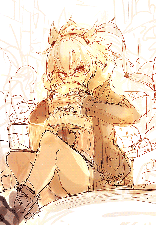 bag baguette bread crumbs_on_face eating fingerless_gloves food glasses gloves jacket kantai_collection makura-ko_(nacoll) musashi_(kantai_collection) paper_bag sketch solo_focus twintailsrnbread_in_mouth