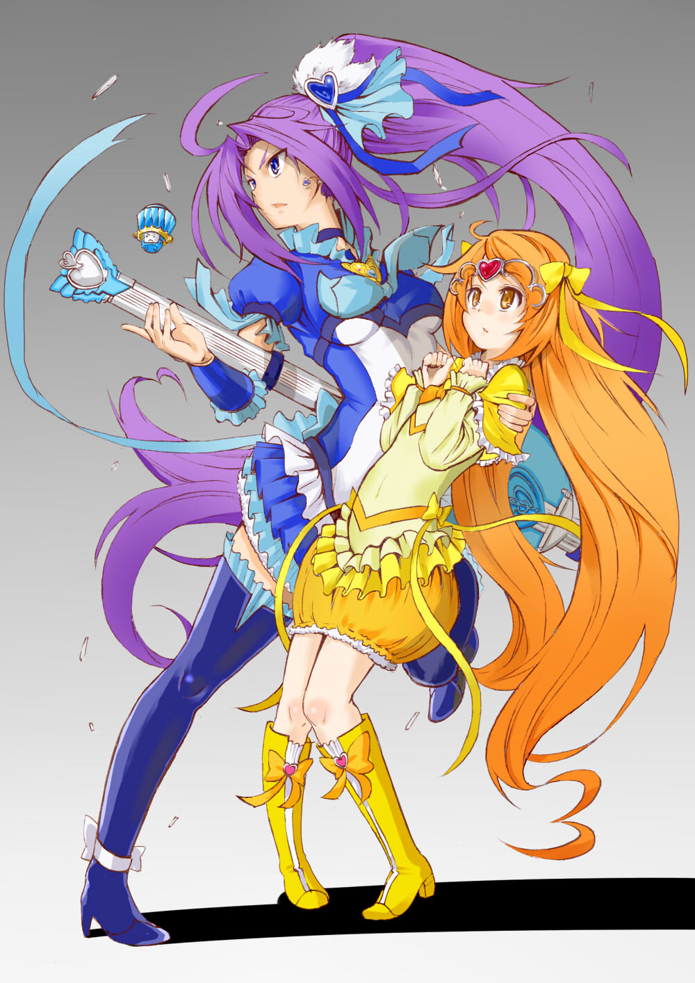 2girls blue_eyes blue_skirt boots bow brown_eyes bubble_skirt capelet cure_beat cure_muse_(yellow) electric_guitar fairy_tone frilled_skirt frills guitar hair_bow hair_ornament heart heart_hair_ornament highres instrument kurokawa_eren lary long_hair magical_girl multiple_girls orange_hair ponytail precure purple_hair ribbon seiren_(suite_precure) shadow shirabe_ako skirt suite_precure thigh_boots thighhighs tiara twintails very_long_hair yellow_skirt yorudo_kaoru