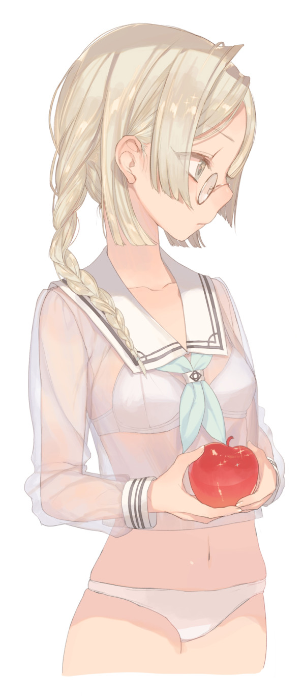 1girl apple blonde_hair bra braid food fruit glasses highres holding navel no_pants original panties payot profile school_uniform see-through simple_background solo takekono underwear white_bra white_panties yellow_eyes