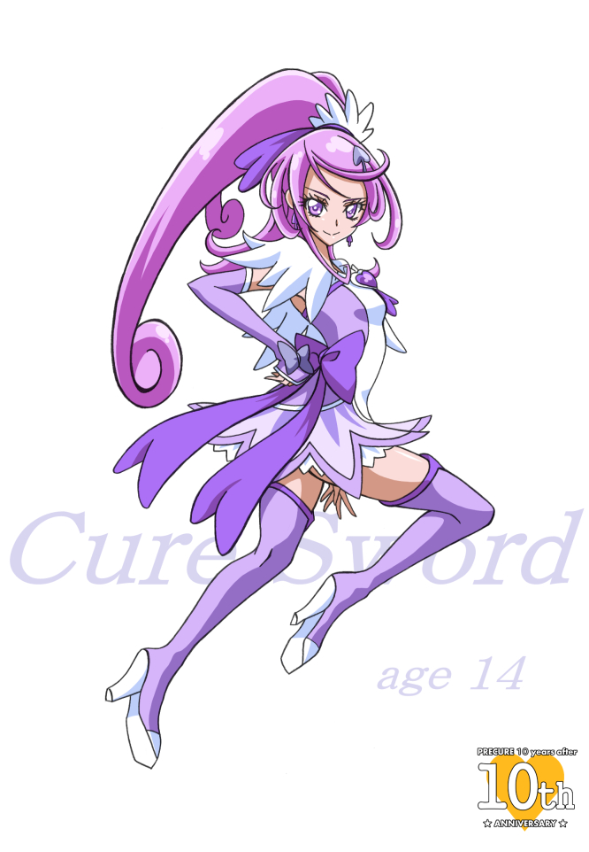 1girl alternate_hair_length alternate_hairstyle anniversary arm_warmers arudebido boots bow character_name copyright_name cure_sword curly_hair dokidoki!_precure earrings frills hair_ornament half_updo jewelry kenzaki_makoto long_hair magical_girl ponytail precure purple_hair purple_legwear purple_skirt ribbon skirt smile solo spade_hair_ornament thigh_boots thighhighs violet_eyes white_background
