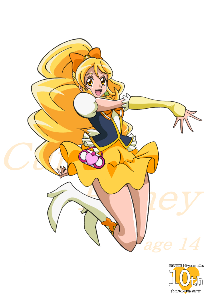 1girl :d anniversary arudebido blonde_hair boots bow character_name copyright_name cure_honey earrings frills hair_bow happinesscharge_precure! jewelry jumping knee_boots long_hair magical_girl oomori_yuuko open_mouth precure skirt smile solo white_background wrist_cuffs yellow_eyes yellow_skirt